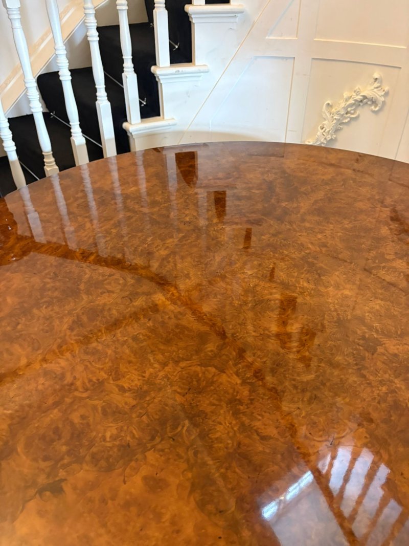 Antique Exceptional Quality Burr Walnut Circular Extending Dining Table Seating 10 with Radial Leaves & Matching Burr Walnut Leaf Holder - Image 23